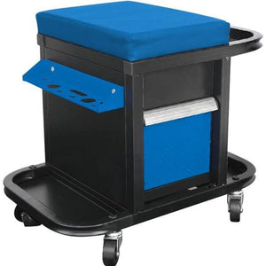 DEF'PRO Sgabello/carrello mobile da officina con vano porta attrezzi 50x45x36 cm blu e nero